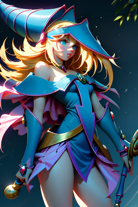 Dark magician girl, realista, 1girl, (Magical Girl:1.4), cabello largo y rubio, (ojos azules), (Cristales, bokeh brillante), Uniforme de dark magician girl, (pechos enormes:1.25), escote, caderas anchas, small waist, 鎖骨, labios separados, maquillaje, sonro...