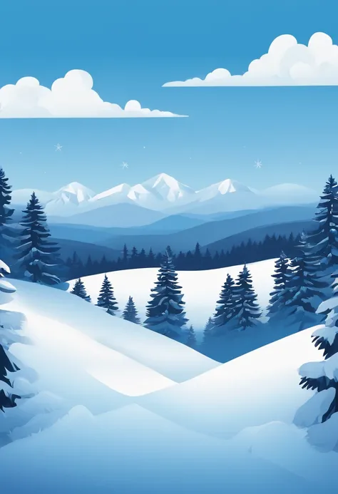 create a horizontal rectangular background with a winter theme in blue and white tones, in which the blue sky occupies 1/2 from the top with falling snowflakes, mountains on both sides, the remaining 1/2 Again, the white part underneath is snow with a rein...