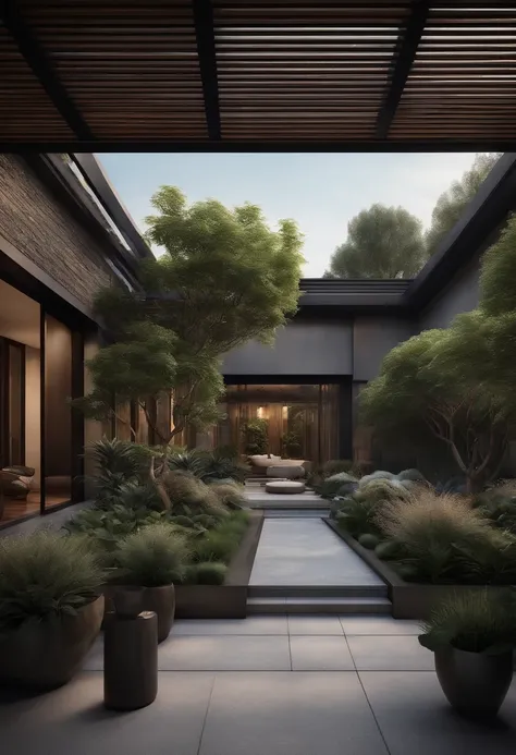 Modern Chinese private garden design，A group of shrubs、Fountain grass、Blue agave、Tree、MIR renderings、Dark tone