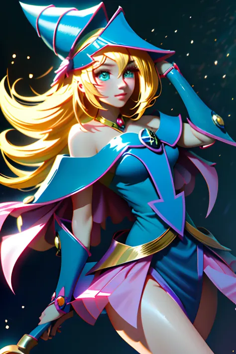 dark magician girl, realista, 1girl, (magical girl:1.4), cabello largo y rubio, (ojos azules), (cristales, bokeh brillante), uni...