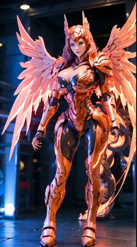 FIRE PHOENIX, (EAGLE HEAD), HUGE BOOBS, FIRE MECHA ARMOR FULL SUIT, (CLEAVAGE), (A PAIR LARGEST PHOENIX WINGS), TRANSPARANT, TALL LEGS, STANDING, SEXY BODY, MUSCLE ABS.