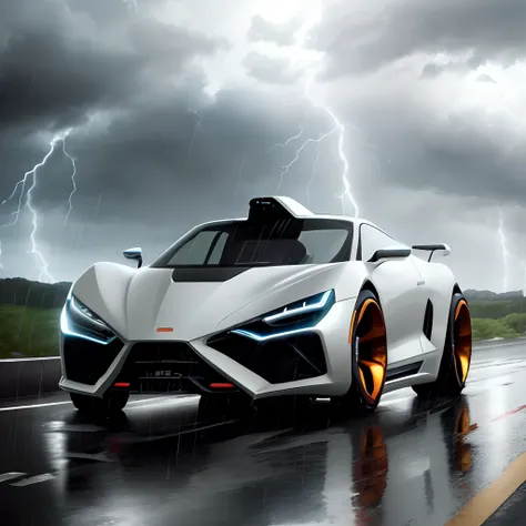 A futuristic car in road with rain and thunderstorms style Dreamshaper v3