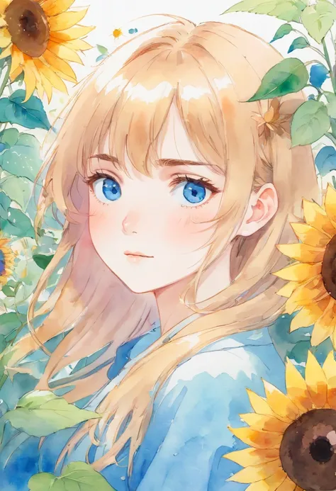 (aquarelle:1.2),1girll, Solo, flower, sunflower,freckle, Portrait, leafs, bangs, pink flower, (Light gold long) Hair, ((Delicate blue lens eyes)), hair between eye,