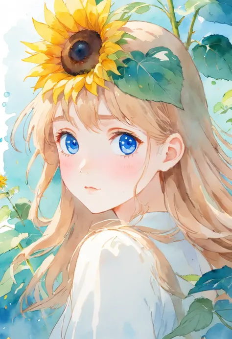 (aquarelle:1.2),1girll, Solo, flower, sunflower,freckle, Portrait, leafs, bangs, pink flower, (Light gold long) Hair, ((Delicate blue lens eyes)), hair between eye,