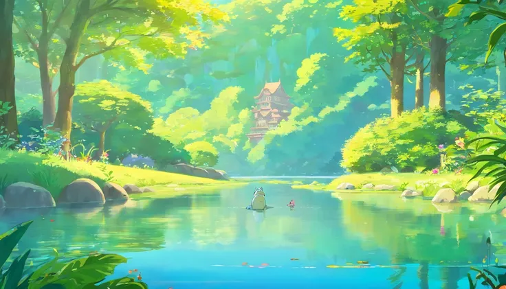 Draw a serene and peaceful lake, surrounded by lush and colorful plants. On one of the banks, a small frog is sitting, happy and satisfied. Around the lake, there are other friendly animals such as birds singing, butterflies dancing and dragonflies buzzing...