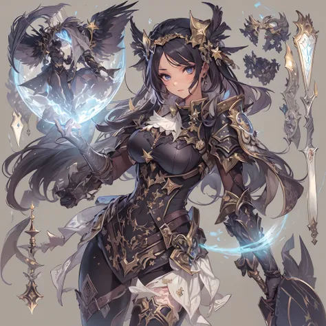 ((Masterpiece, Highest quality)), Detailed face, CharacterDesignSheet， full bodyesbian, Full of details, Multiple poses and expressions, Highly detailed, Depth, Many parts，Beautiful paladin girl，Pure black，estilo fantasia，Holding a shield，Extremely beautif...