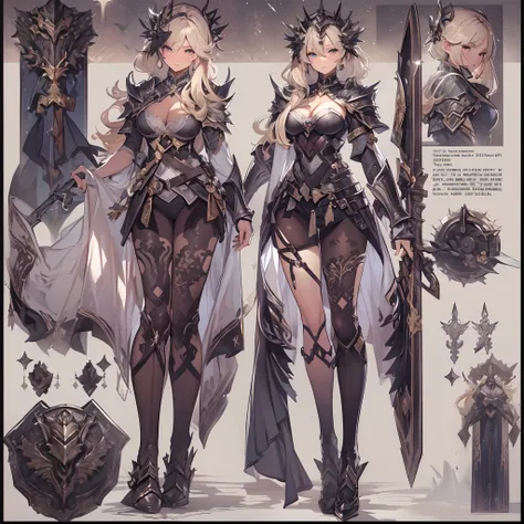 ((Masterpiece, Highest quality)), Detailed face, CharacterDesignSheet， full bodyesbian, Full of details, Multiple poses and expressions, Highly detailed, Depth, Many parts，Beautiful paladin girl，Pure black，estilo fantasia，Holding a shield，Extremely beautif...