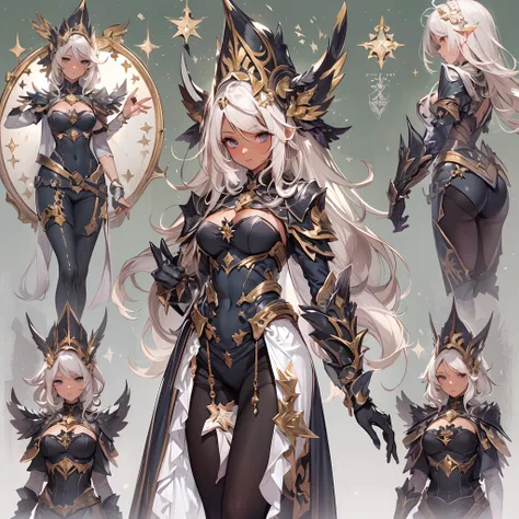 ((Masterpiece, Highest quality)), Detailed face, CharacterDesignSheet， full bodyesbian, Full of details, Multiple poses and expressions, Highly detailed, Depth, Many parts，Beautiful paladin girl，Pure black，estilo fantasia，Holding a shield，Extremely beautif...