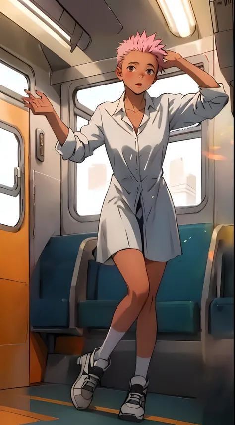 ((14 year old pre-teen girl)), nude, full body photo, very light skin, shaved hair, busy train carriage, photorealistic, indirect lighting, volumetric light, ray tracing, hyperdetailed