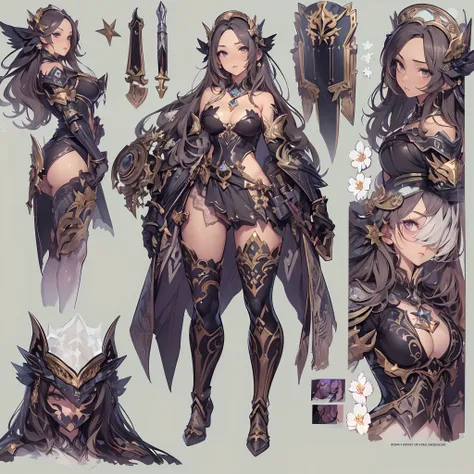 ((Masterpiece, Highest quality)), Detailed face, CharacterDesignSheet， full bodyesbian, Full of details, Multiple poses and expressions, Highly detailed, Depth, Many parts，Beautiful paladin girl，Pure black，estilo fantasia，Holding a shield，Extremely beautif...