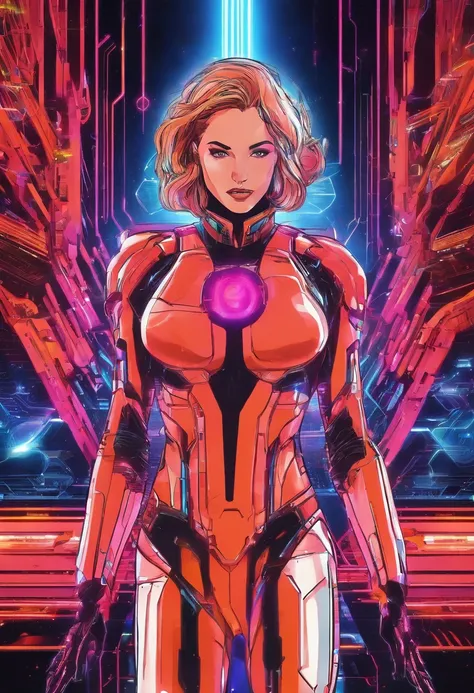 old VHS aestetics epic action 80s anime cyberpunk synthwave female superhero in high tech power suit fully powered metallic surface energy pulsating heroic pose glowing aura glowing suit