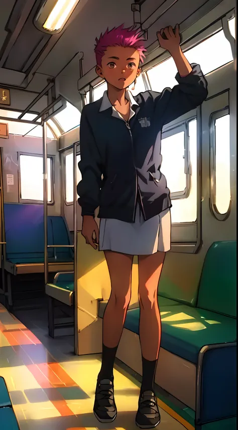 ((14 year old pre-teen girl)), nude, full body photo, very light skin, shaved hair, busy train carriage, photorealistic, indirect lighting, volumetric light, ray tracing, hyperdetailed