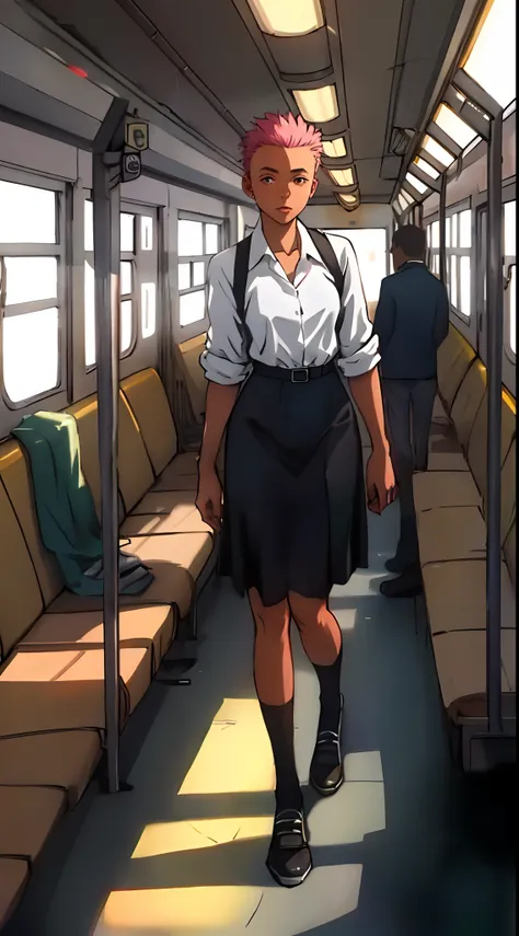 ((14 year old pre-teen girl)), nude, full body photo, very light skin, shaved hair, busy train carriage, photorealistic, indirect lighting, volumetric light, ray tracing, hyperdetailed