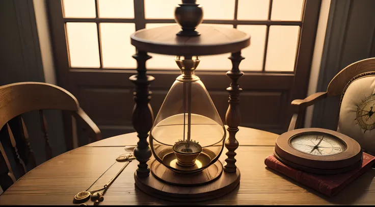 an antique hourglass and an antique compass on top of an antique wooden table, em uma sala de jantar escura.