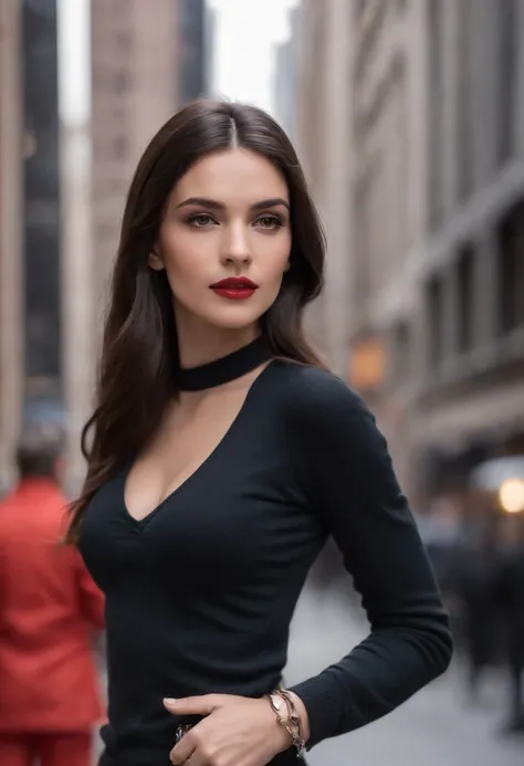 emilisia gomezi, tall, gorgeous, spanish descent, age 23, smooth skin, black hair. red color turtle neck, black fitting pants, simple silver necklace, working at the underground base, highly detailed, well lit, 8k, reviewing artifacts, holding a long whip....