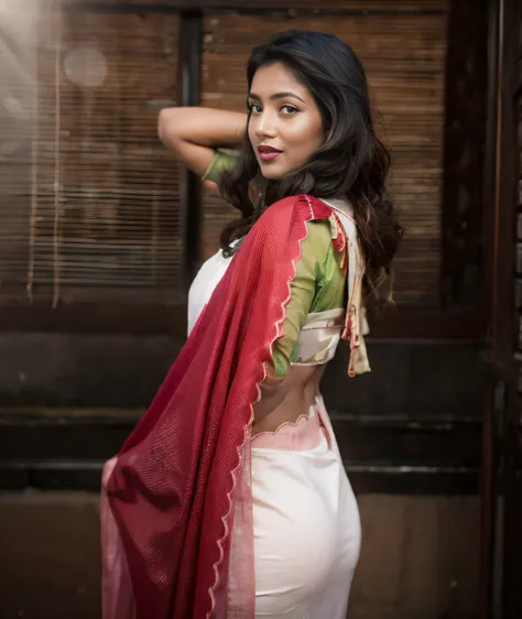 a woman in a green  with dark red lips wearing sari posing for a picture, draped in fleshy off white and pink, showing her shoul...