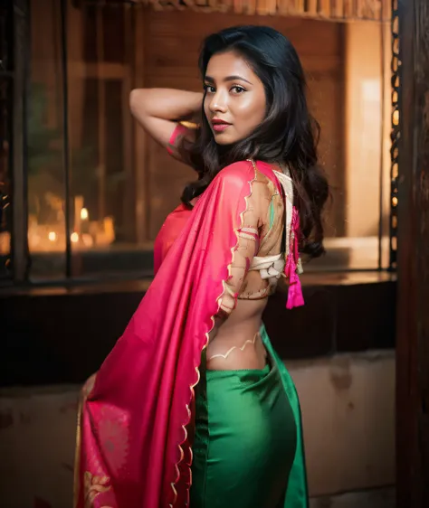 a woman in a green  with dark red lips wearing sari posing for a picture, draped in fleshy off white and pink, showing her shoul...