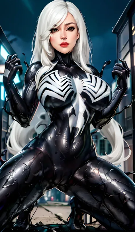 4K，realisticlying，Glamorous，The is very detailed，There is a girl in Dingcheng，Wearing a black Spider-Man costume，（Black and white：1.4） the night,symbiote，venomize，a large amount of mucus,she is a spiderman，Black superhero theme，In front of the sky，Flushed ...