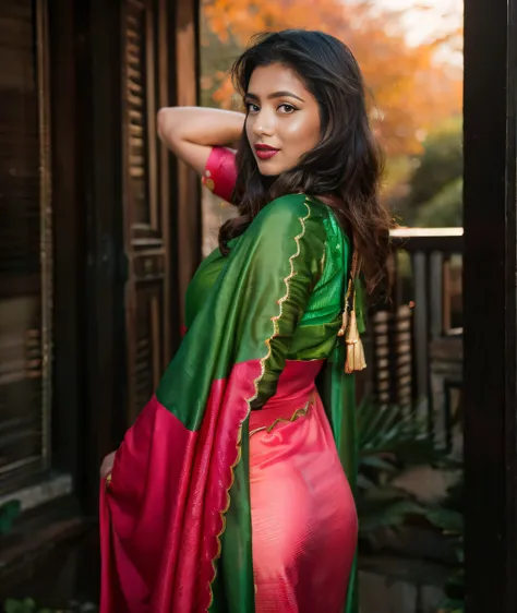 a woman in a green  with dark red lips wearing sari posing for a picture, draped in fleshy green and pink, showing her shoulder ...