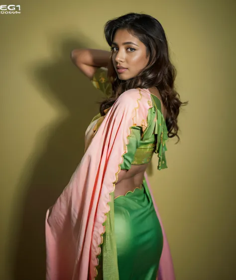 a woman in a green sari posing for a picture, draped in fleshy green and pink, showing her shoulder from back, traditional beaut...