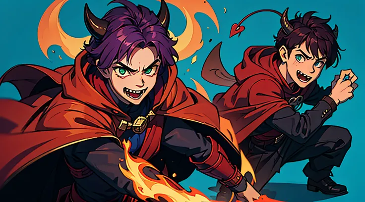 top-quality、​masterpiece、Deformed、Boy with short purple hair、Green eyes、demonic horns、A smile、red cloak、Composition that reflects the whole body、combat pose、Thumbnail image、Blue background