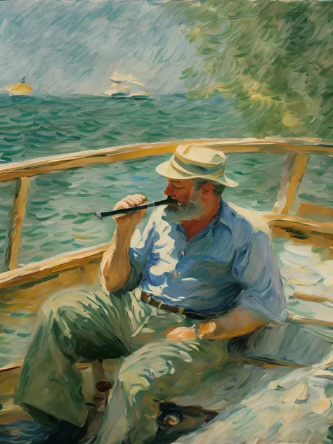 Hemingway smoked a pipe on a boat by the sea，Gesture painting，Oil painting in the style of Monets impressionism，Blurred outlines，Low color saturation，Complementary colors are obvious，The sea water has a sense of transparency