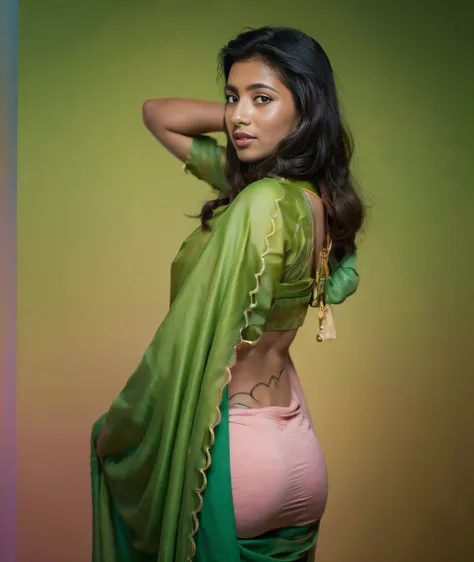 a woman in a green sari posing for a picture, draped in fleshy green and pink, showing her shoulder from back, traditional beauty, indian, stylish pose, attractive pose, with lovely look, very seductive pose, back pose, pastel green, candid picture, side p...