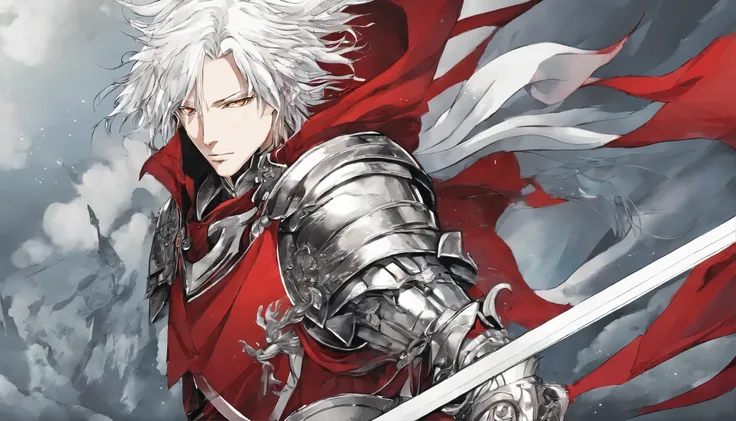 One Male albino knight with long hair, wearing heavy armor with a red hood carrying a long swords