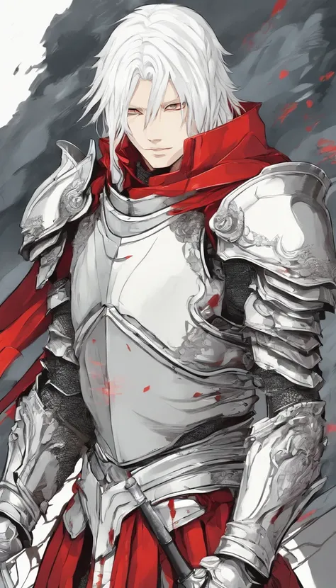 One Male albino knight with long hair, wearing heavy armor with a red hood carrying a long swords