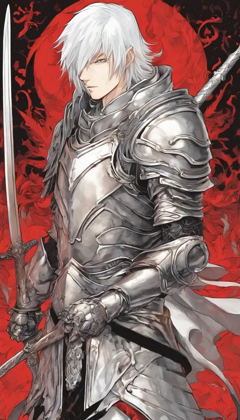 One Male albino knight with long hair, wearing heavy armor with a red hood carrying a long swords