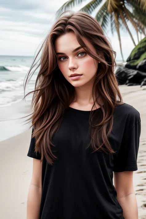 A photo ((portrait)) of a young woman standing on beach, looking at the viewer. long hair, thin lips, red, flirting with the camera. Wearing dark jeans and a black T-shirt.