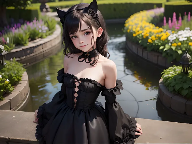 tween Emma Watson wearing a black gothic strapless playsuit in the garden, small bust, small chest, cute smile, black head accessories, black makeup. Holding a black cat.