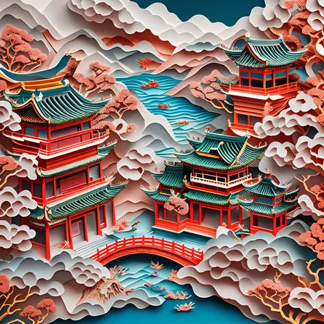 paper cut out，charming chinese garden scenery，chinese style buildings，mountain water，sea of clouds，16k, best quality, masterpiec...