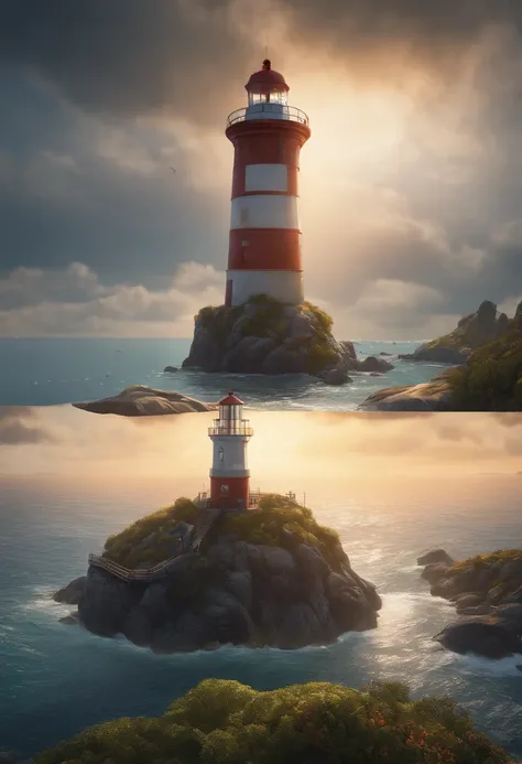 a lighthouse sitting on a small island in the ocean, in the style of photorealistic fantasies, cryengine, birds-eye-view, reefwave, tiago hoisel, backlight, realistic, photo, digital art, fantasy --v 5.2