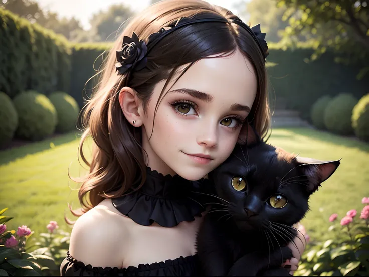 tween Emma Watson wearing a black gothic strapless playsuit in the garden, small bust, small chest, cute smile, black head accessories, black makeup. cuddling a black cat.