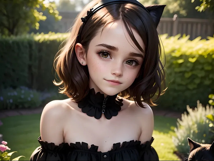 tween Emma Watson wearing a black gothic strapless playsuit in the garden, small bust, small chest, cute smile, black head accessories, black makeup. cuddling a black cat.