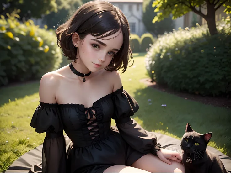 tween Emma Watson wearing a black gothic strapless playsuit in the garden, small bust, small chest, cute smile, black head accessories, black makeup. cuddling a black cat.