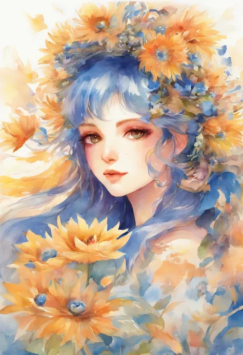 (Acuarelas:1.2),1girll, solamente, Flor, Girasol,peca, retrato, Hojas, flequillo, flor rosa, (Oro claro largo) cabello, ((Delicados ojos azules)), pelo entre los ojos, ((Sakuya Izayoi)), ((Touhou))