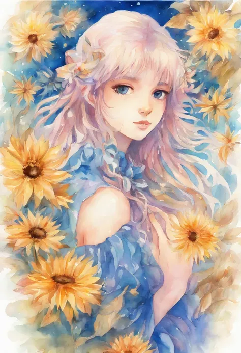 (Acuarelas:1.2),1girll, solamente, Flor, Girasol,peca, retrato, Hojas, flequillo, flor rosa, (Oro claro largo) cabello, ((Delicados ojos azules)), pelo entre los ojos, ((Sakuya Izayoi)), ((Touhou))