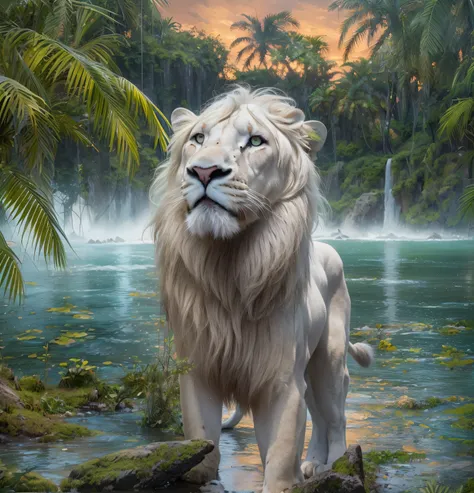 white lion, pelo molhado, chuva forte, em uma margem de rio, Vibrantly colored vegetation in the environment, ultra detalhado, obras de arte intrincadas, 8Khyper realista foto de capa deslumbrante em cores, Night of lighting in the background, intrincado. ...