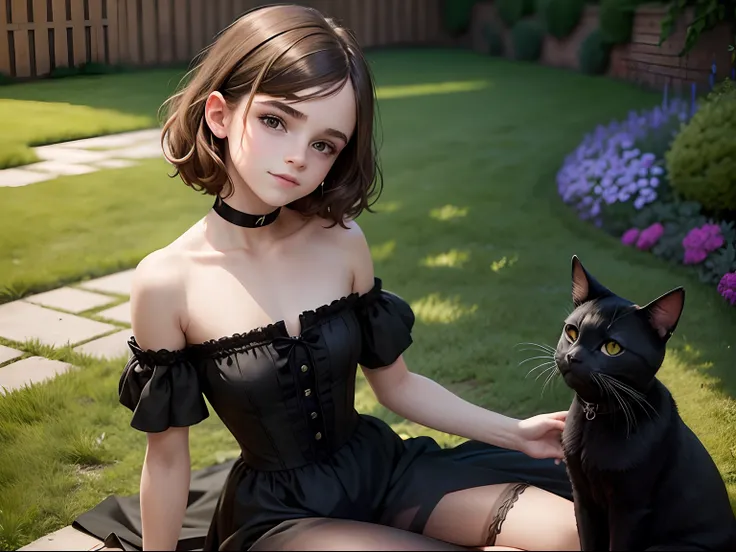 tween Emma Watson wearing a black gothic strapless playsuit in the garden, small bust, small chest, cute smile, black head accessories, black makeup. Stroking a black cat.