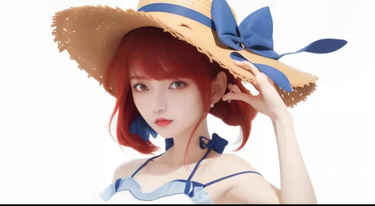 masuter piece、hight resolution、Very delicate、red eyes、red hairs、a straw fedora hat、White camisole