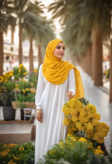 beautiful egyptian girl, beautiful middle eastern, with hijab, yellow hijab, white shirt, long skirt, athletic body, plants, sky, full cheeks, in cairo, shopping mall