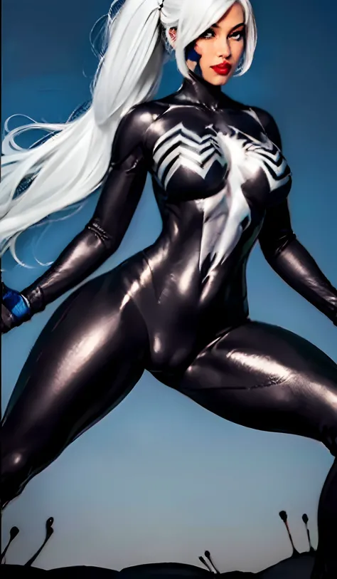 4K，realisticlying，Glamorous，The is very detailed，There is a girl in Dingcheng，Wearing a black Spider-Man costume，（Black and white：1.4） the night,symbiote，venomize，a large amount of mucus,she is a spiderman，Black superhero theme，In front of the sky，Flushed ...