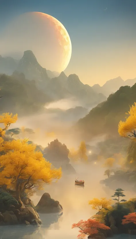 unmanned , outdoors , night , dream ,( dense fog :1.4), circular moon , mountain , river , the golden bough , sky , gold decoration ,
( minimalism :1.4), chinese classical art , yellow long upper shan , movie poster , a minimalist background ,3D, clean scr...