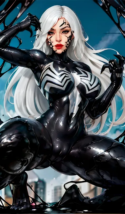 4K，realisticlying，Glamorous，The is very detailed，There is a girl in Dingcheng，Wearing a black Spider-Man costume，（Black and white：1.4） the night,symbiote，venomize，a large amount of mucus,she is a spiderman，Black superhero theme，In front of the sky，Flushed ...