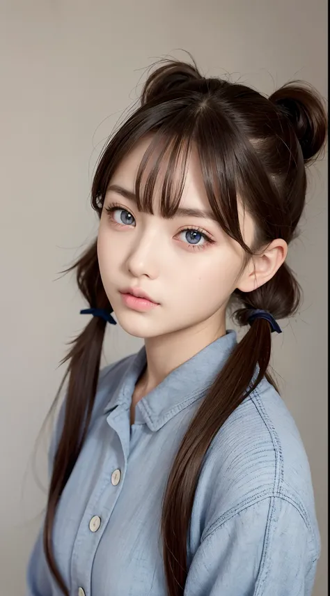 Fashion model girl,Beautiful indigo eyes,Brown-haired twin tails,