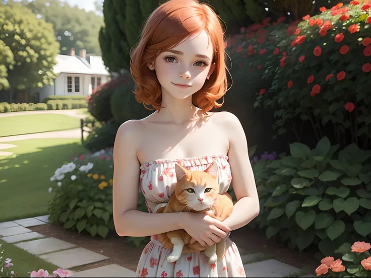 tween Emma Watson wearing a pale red floral patterned strapless playsuit in the garden, small bust, small chest, cute smile, pale red head accessories, pale red bracelet. Carrying a ginger cat.