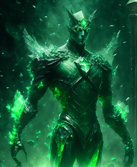 Full body (Green crystal man from DC in Goth style: 1.3), well structured face, emerging from crystal, graveyard in the background, extremely detailed, smoke, sparks, metal shavings, flying debris, volumetric light