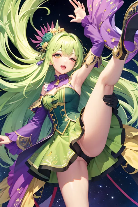 (​masterpiece、top-quality、top-quality、Official art、Beautifully Aesthetic:1.2)、(1girl in)、ighly detailed、(Fractal Art:1.3)、colourfull、Maximize full-body detail,Green dress, frilld, length hair, Floating hair, microphone, holding the mic, one eye closed, ope...